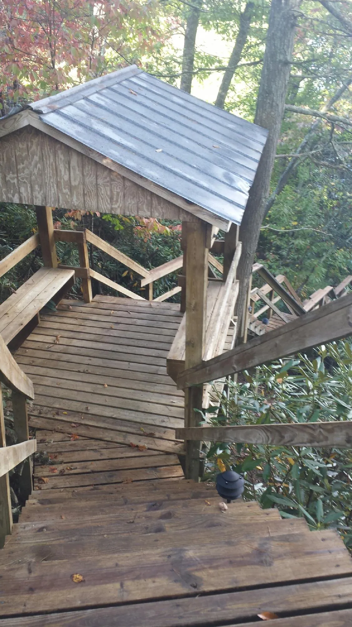 Metal roofed shelter over wooden steps on a wooded walkway — Skylight Repair & Installation work by our crew in Joplin